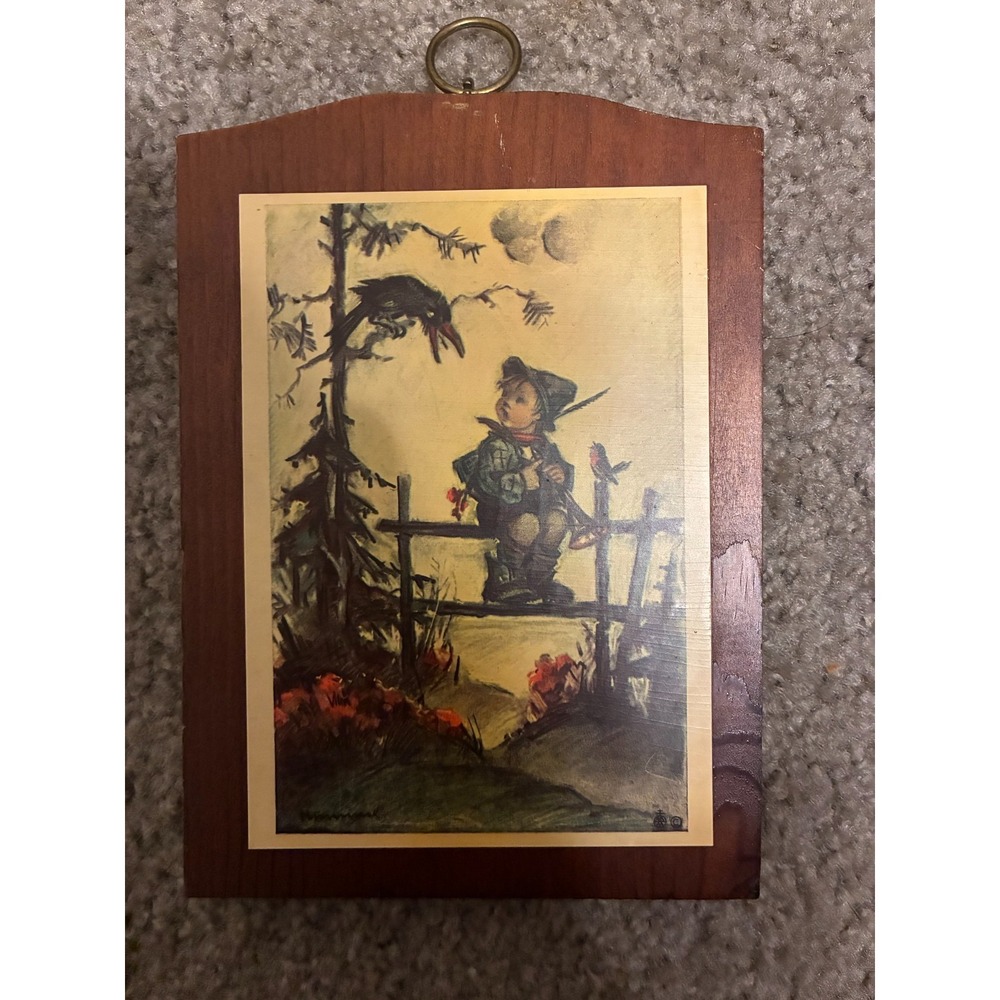 Vintage 1970's Boy on Fence with Raven Hummel on Manchester Wood Wooden Plaque